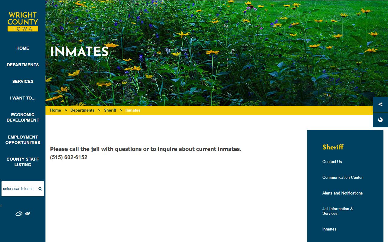Wright County inmate population lookup page directing users to call the jail